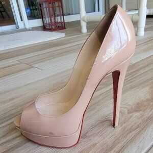 Christian Louboutin 150 Lady Peep Nude Patent Leather Shoe Eur.37